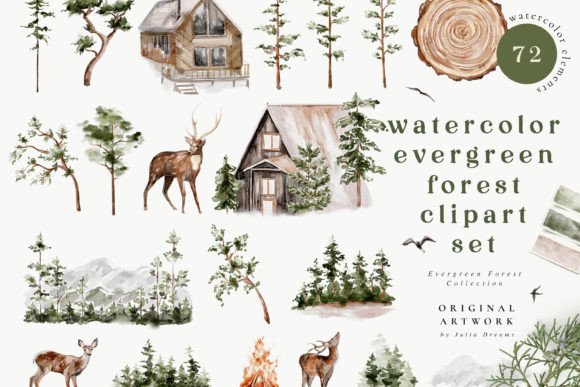 Download Watercolor Evergreen Forest Digital Set - Evergreen Collection