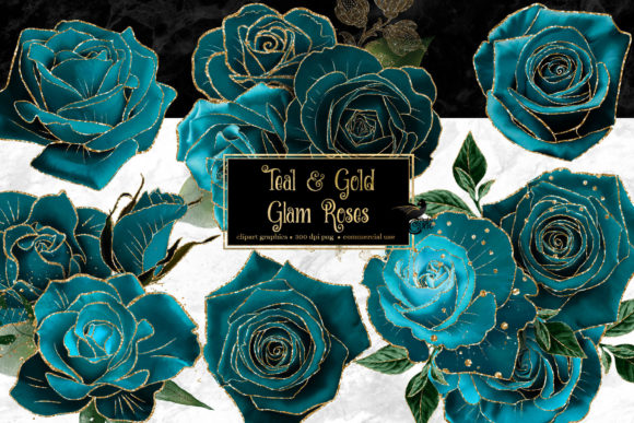 Download Teal and Gold Glam Roses Clipart - Glam roses Collection