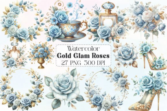 Download Baby Blue and Gold Glam Roses Clipart - Premium Bundle